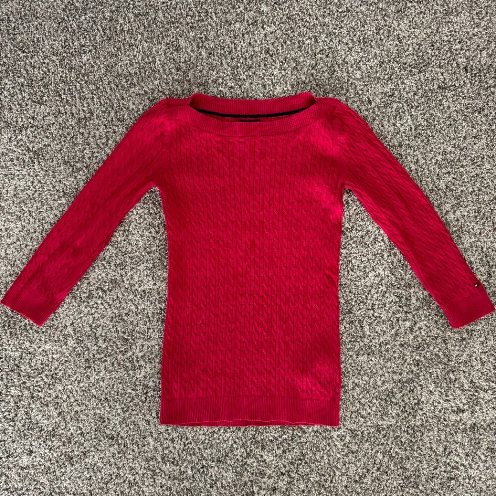 Tommy Hilfiger Lightweight Cable Knit Boatneck Sweater Pima Cotton XS 3/4 Sleeve